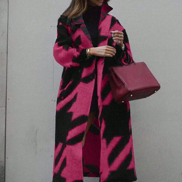 Hot Pink Casual Women's Colorblock Long Sleeve Knitted Cardigan - Picture 1 of 5